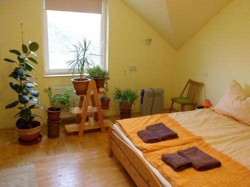 um quarto com uma cama com duas toalhas em Gömbszivar Vendégház - 3 csillagos minősítéssel em Poroszló