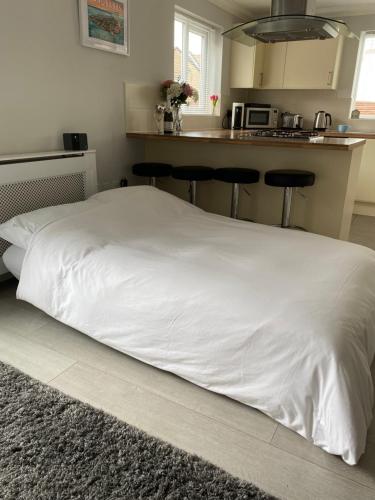 a large white bed in a room with a kitchen at Modern House in Bournemouth town centre in Bournemouth