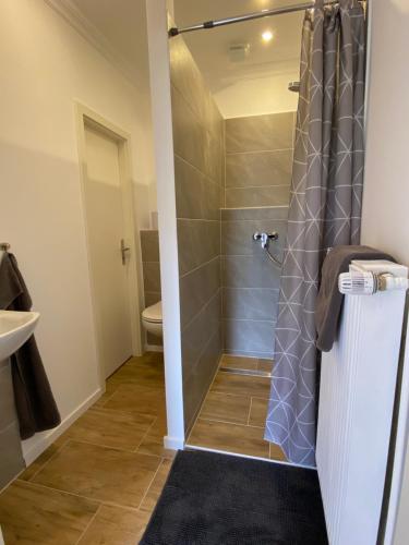a bathroom with a shower with a glass door at Kleines Doppelzimmer mit eigenem Bad und Kühlschrank, frisch saniert in Friedrichskoog