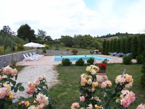 a garden with flowers and a swimming pool at Agriturismo Mulinaccino in Fabro