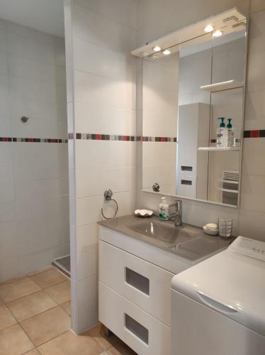 une salle de bain blanche avec un lavabo et un miroir dans l'établissement GITE AUX 4 SAISONS DU COLORADO PROVENÇAL - 3 ÉTOILES - Rustrel, à Rustrel