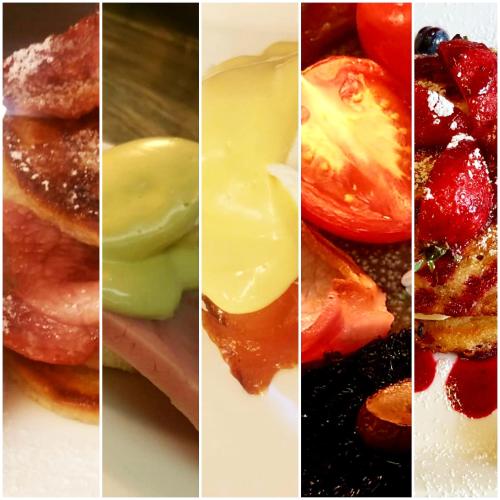 a group of four pictures of different types of food at St Tudy Inn in Bodmin