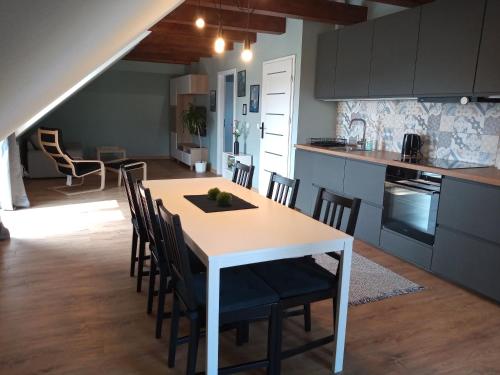 kuchnia i jadalnia ze stołem i krzesłami w obiekcie Mazurska Apartamenty w Rydzewie