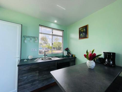 eine Küche mit einem Waschbecken und einem Fenster in der Unterkunft Matira Beach Bungalow Waterfront in Bora Bora