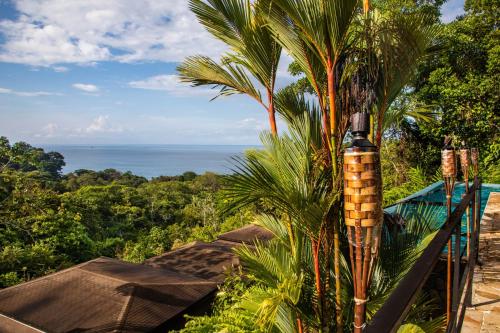 a view of the ocean from a resort with a palm tree at Tiki Villas Rainforest Lodge - Adults Only in Uvita