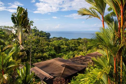a view of the ocean from a resort with trees at Tiki Villas Rainforest Lodge - Adults Only in Uvita
