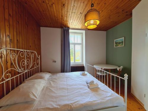een slaapkamer met een bed met een houten plafond en een raam bij Vila Gorenka in Bled