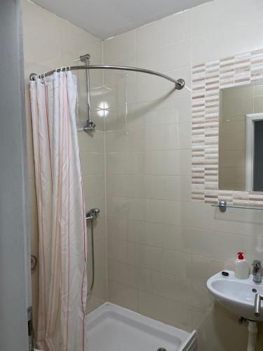 y baño con cortina de ducha y lavamanos. en Sobe Klara, en Međugorje
