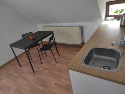 uma cozinha com um lavatório e uma mesa com uma cadeira em Beautiful 2 bedroom apartment in a quiet area em Kretzschau