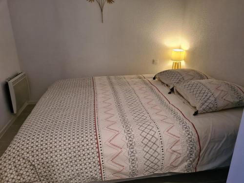 a bed with two pillows and a lamp in a bedroom at Superbe T2 climatisé, proche plage avec parking privé in Saint-Cyprien