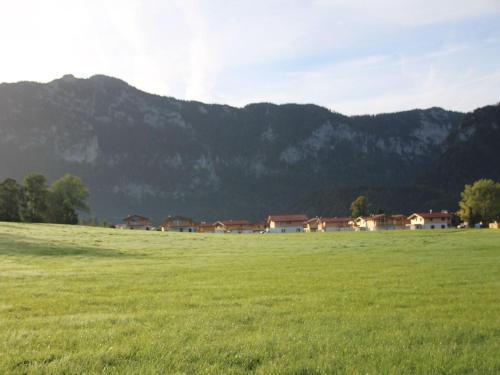 a field of green grass with houses and mountains in the background at Chalet Alpenzauber mit beheiztem Pool, Inzell in Inzell