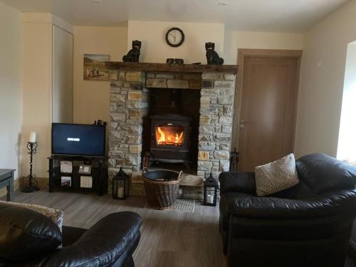 a living room with a stone fireplace and a television at Cosy 2 Bedroom Cottage in Laconnell