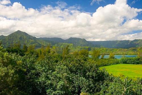a view of a green field with mountains in the background at Hanalei Bay Resort 7301 in Princeville