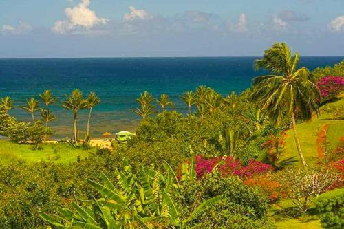 a view of the ocean with palm trees and flowers at Hanalei Bay Resort 7301 in Princeville