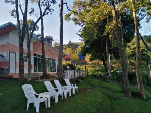 a row of white chairs and an umbrella in front of a building at Ban Chomdoi Resort PhaTang in Ban Pha Tang