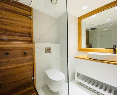 a bathroom with a toilet and a mirror at pisgat shoresh in Shoresh