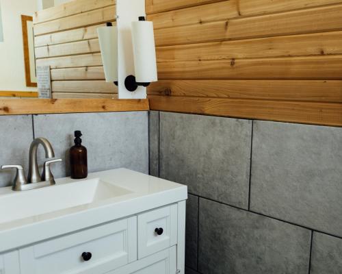 a bathroom with a sink and a mirror at Pacific Dunes Resort in Copalis Beach