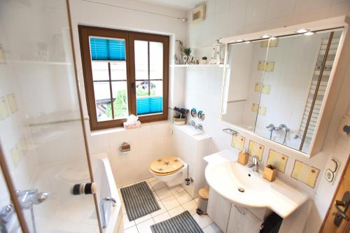 ein Bad mit einem Waschbecken, einem WC und einer Dusche in der Unterkunft Ferienwohnung am Schwimmbachtal in Georgenthal