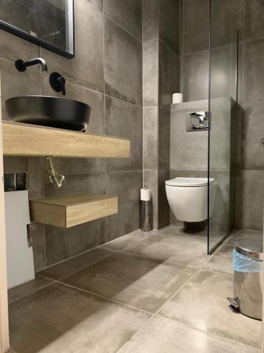 a bathroom with a sink and a toilet at Alkistis Hotel in Diakopto