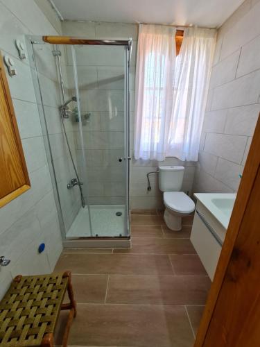 a bathroom with a shower and a toilet and a sink at Elpiniki's Old House in Kalopanayiotis