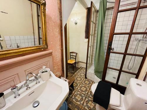 uma casa de banho com um lavatório e um espelho em Epicerie Vieille du Puy en Velay em Le Puy en Velay