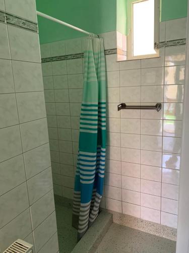a shower with a striped shower curtain in a bathroom at Agro privat in Hrabušice
