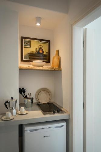 a kitchen with a counter with a stove and a shelf at Zefiros in Karavostasi