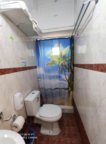 a bathroom with a toilet and a palm tree shower curtain at Kostas Apartments in Kourouta