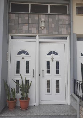 a white garage with two doors and two plants at The view attic in Ioannina