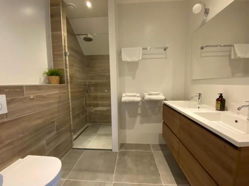 a bathroom with a shower and a sink and a toilet at Erf Hesse - holiday home in Ommen