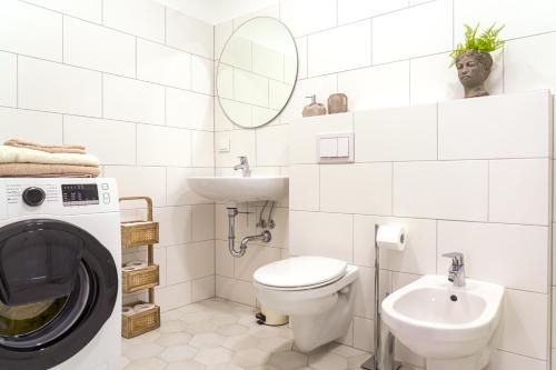 a bathroom with a toilet sink and a washing machine at SimSim Apartamentai in Šventoji