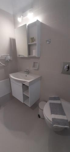 a white bathroom with a sink and a toilet at Agia Roumeli APARTMENT in Agia Roumeli