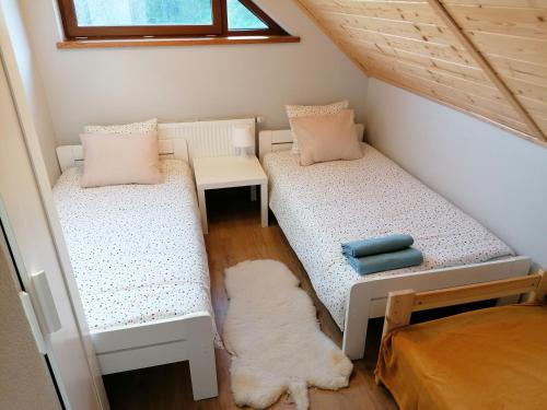 イステブナにあるDwie Owceのベッド2台とラグ付きの小さな部屋です。