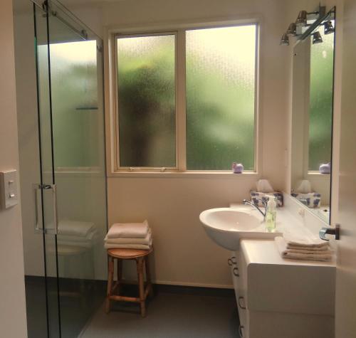 a bathroom with a sink and a shower and a window at Sea Haven Homestay B&B in Raumati Beach