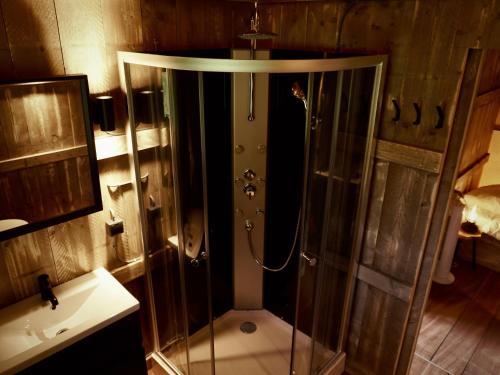 a bathroom with a shower and a sink at Glamped - Luxe camping in Westkapelle