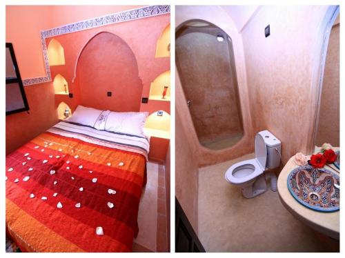 two pictures of a bedroom with a bed and a sink at Atlas Mazik Lodge mountain views in Imlil