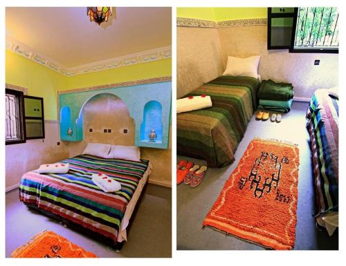two pictures of a bedroom with a bed and a room with a dummy at Atlas Mazik Lodge mountain views in Imlil