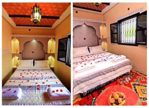 two pictures of a bedroom with two beds at Atlas Mazik Lodge mountain views in Imlil