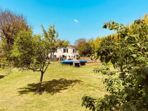 a yard with a house and a tree in the foreground at Le Portanel in Eymet