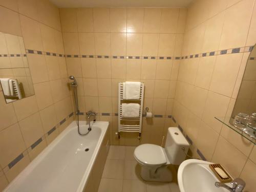 uma casa de banho com uma banheira, um WC e um lavatório. em Hotel Pod Zelenou em Český Těšín