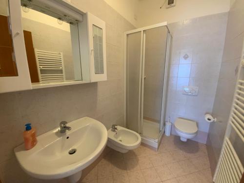 uma casa de banho com um lavatório, um chuveiro e um WC. em Bella Vista apartment em Chioggia
