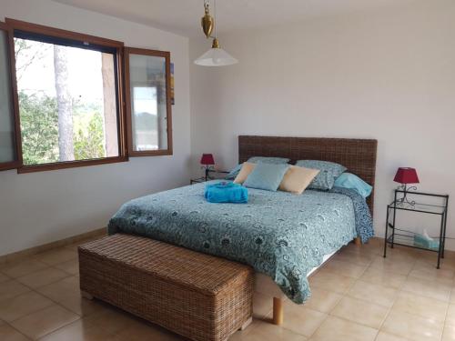 - une chambre avec un lit et une couette bleue dans l'établissement Chambre d hôtes de la Louve, à Fréjus