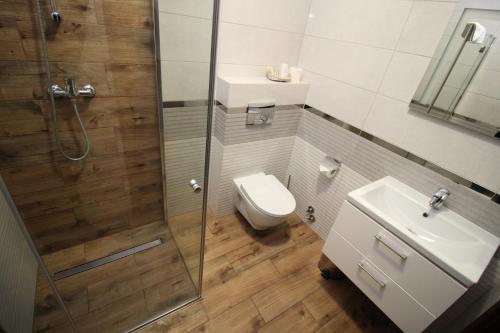 a bathroom with a shower and a toilet and a sink at Złote Arkady in Częstochowa