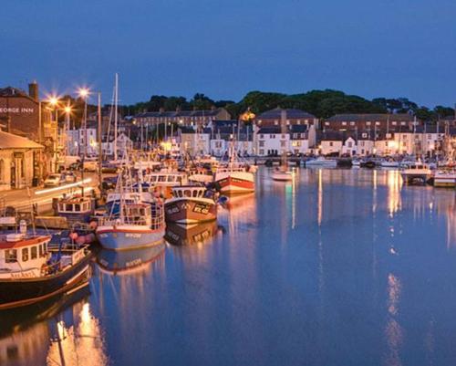 a group of boats docked in a harbor at night at The Warwick in Weymouth