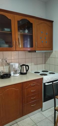 a kitchen with wooden cabinets and a stove top oven at Ilio Socrates in Skala Marion
