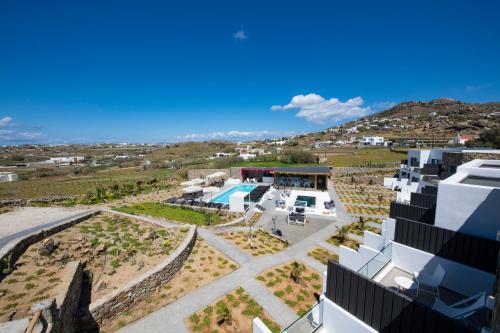 an aerial view of the house and the yard at Bianco a Nero Mykonos in Mýkonos City