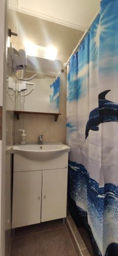 a bathroom with a sink and a shower curtain at Kostas Apartments in Kourouta