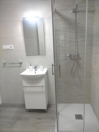 a bathroom with a sink and a shower with a mirror at Alojamiento Costas Bueu in Bueu