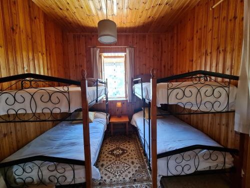 2 Etagenbetten in einem Zimmer mit Fenster in der Unterkunft Elpiniki's Old House in Kalopanagiotis