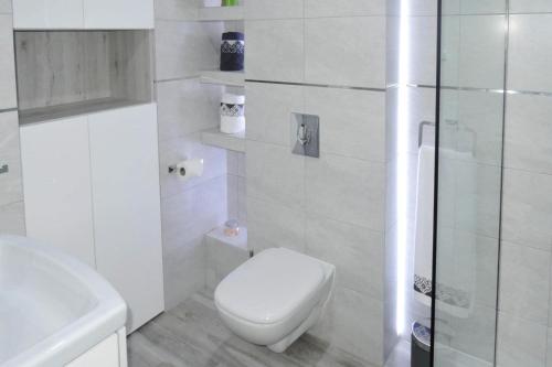 a white bathroom with a toilet and a shower at Holiday VIP complex in Wartowo by Kolczewo for 6 persons in Kołczewo